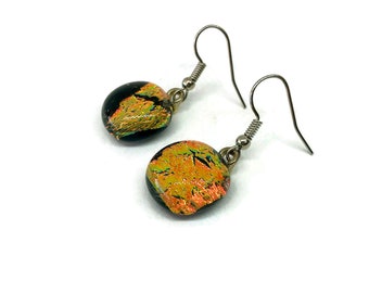 Gold fused glass dangle earrings dichroic glass jewelry unique gifts for mom hypoallergenic