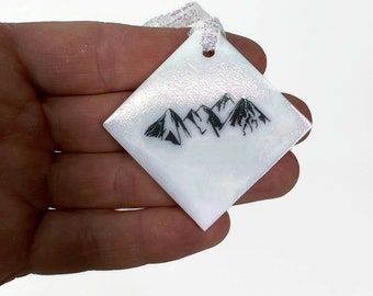 Iridescent mountain fused glass ornament, whit, black, unique gifts for her, Christmas tree decoration, mountain home decor