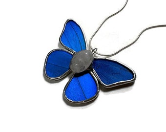 Blue pendant, iridescent, butterfly wing jewelry, Blue Morpho butterfly, real butterfly, glass pendant, necklace included