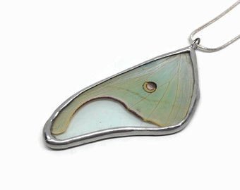 Luna moth pendant, Butterfly wing jewelry, unique gifts for her, stained glass butterfly, nature inspired necklace,  chain included