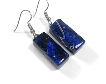 Iridescent blue dichroic glass earrings fused glass jewelry, unique gifts for her, dangle earrings