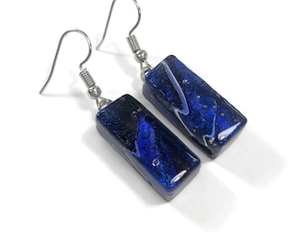 Iridescent blue dichroic glass earrings fused glass jewelry, unique gifts for her, dangle earrings