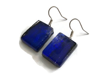 Blue dichroic glass earrings fused glass jewelry, Unique gifts for mom, hypoallergenic