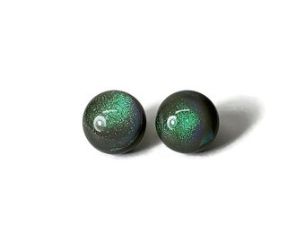 Iridescent green stud earrings, fused dichroic glass jewelry, grey minimalist round earrings, best friend gifts, hypoallergenic