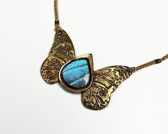 Blue pendant, iridescent, real butterfly wing jewelry, Blue Morpho butterfly, gifts for her, bronze pendant, necklace included