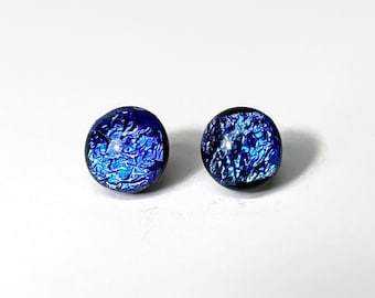 Blue iridescent fused glass earrings dichroic glass jewelry round stud earrings unique gifts for her hypoallergenic