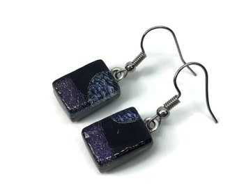Handmade multicoloured dangle earrings, fused dichroic glass jewelry, unique friends gifts, artisan crafted presents