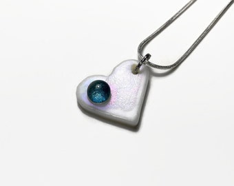 Iridescent white fused glass pendant dichroic glass jewelry heart pendant gifts for her chain included unique presents