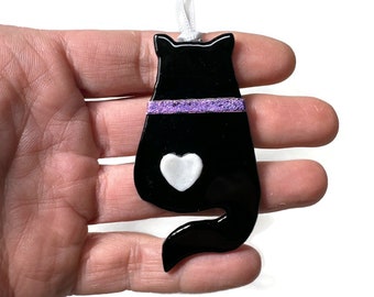 Handmade black cat ornament, fused glass decoration, pet window hanging, unique gifts for her, Christmas tree decoration, animal home decor
