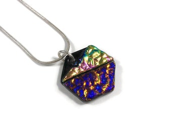 Handmade Reflective Hexagon Pendant, Fused Dichroic Glass Jewelry, Artisan Crafted Gifts for Her