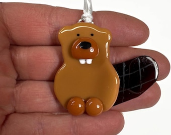 Beaver fused glass ornament, unique gifts for her, tree ornament, Christmas decoration, window hanging