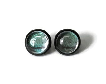 Teal green earrings, glass round studs, real butterfly wing jewelry, minimalist earrings, gifts for friends, hypoallergenic