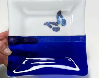 Butterfly fused glass plate, blue white serving dish, gifts for her, nature home decor, candy tray, spoon rest, housewarming presents