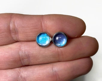 Iridescent blue stud earrings, real blue Morpho butterfly wing jewelry, silver minimalist earrings, unique gifts for her, hypoallergenic
