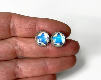 Handcrafted Iridescent Blue Star Stud Earrings, Real Butterfly Wing Jewelry, Rhetenor Morpho, Nature Inspired Gifts, Artisan Made Presents