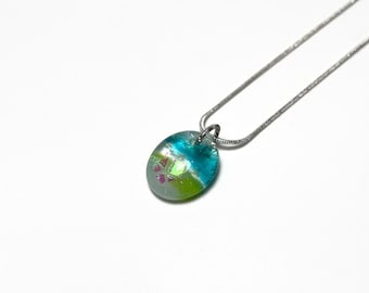 Green necklace, blue pendant, fused glass necklace, dichroic glass jewelry, teardrop pendant, sparkle necklaces, statement pendant