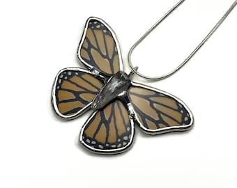 Monarch butterfly pendant, orange and black necklace, unique gift for her, glass pendants, real butterfly jewelry, stained glass wing