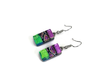 Colourful Dichroic Glass Drop Earrings, Unique Gift Idea for Her, One Of a Kind Fused Jewelry, Artisan Crafted Presents
