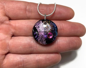 Purple round pendant fused glass jewelry dichroic glass necklace, Swarovski crystal, gifts for her