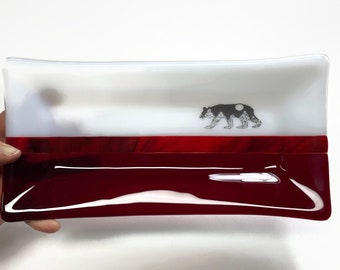 Red fused glass plate, bear serving dish, handmade trinket tray, wildlife kitchen decor, unique gifts for her, housewarming presents