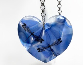 Handcrafted Dragonfly Glass Heart Sun Catcher Ornament, Perfect Gift for Mom, Window Hanging Home Decor