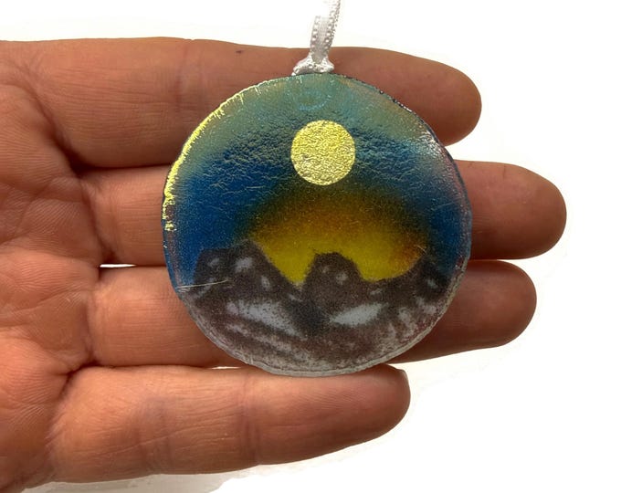 Featured listing image: Mountain fused glass ornament, three sisters decoration, Canmore, unique gifts for her, Christmas tree decoration, window hanging