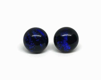 Handmade deep blue glass stud earrings, fused dichroic glass jewelry, minimalist earrings for her