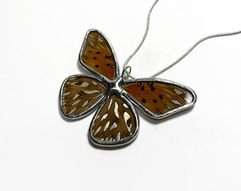 Orange and silver butterfly pendant Real butterfly wing jewelry, best friend gifts, Stained glass butterfly, glass pendant