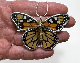 Monarch butterfly pendant, orange and black necklace, glass pendants, Butterfly wing jewelry, stained glass wing