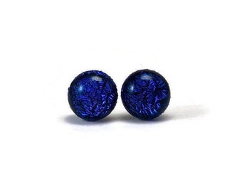 Blue iridescent earrings, fused dichroic glass jewelry, round minimalist studs, unique gifts for her, 9mm, hypoallergenic
