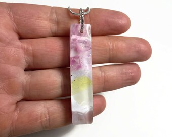 Pink iridescent dichroic glass pendant, fused jewelry, One of a Kind, gifts for her, chain included, statement necklace