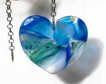 Blue white heart ornament, fused glass sun catcher, handmade window hanging, glass art, unique gifts for mom, housewarming presents