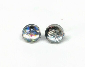 Iridescent rainbow fused Glass earrings dichroic glass jewelry minimalist round studs, button bridesmaid gifts hypoallergenic