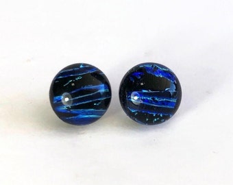 Sparkle blue black stud earrings, dichroic fused glass jewelry, minimalist round earrings, hypoallergenic