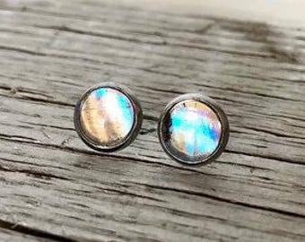 Blue iridescent round earrings, real butterfly wing jewelry, minimalist glass studs, sulkowskyi morpho, insect jewelry, hypoallergenic