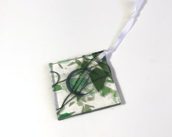 Green moon ornament, fused glass decoration, Christmas tree decoration, gifts for him, unique presents, window hanging