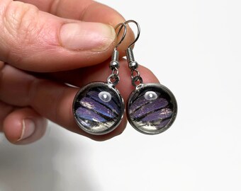 Purple butterfly wing earrings, glass dangle earrings, real butterfly jewelry, unique gifts for her, hypoallergenic