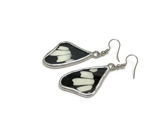 Black white glass earrings, real butterfly wing jewelry, nature inspired gifts for her, unique presents, handmade in Canada