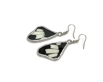 Black white butterfly wing earrings, real butterfly jewelry, nature inspired gifts for her, unique presents, handmade in Canada