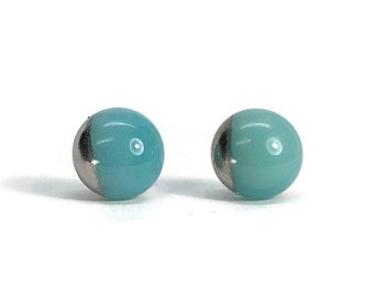 Green earrings silver studs fused glass jewelry minimalist stud earrings 8mm dichroic glass earrings best friend gifts