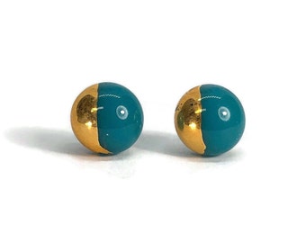 Handmade Gold Green Stud Earrings, Elegant Gifts for Her, Artisan Fused Dichroic Glass Jewelry