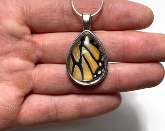butterfly tear drop necklace, glass pendant, orange and black, Monarch butterfly, statement jewelry, insect pendant, taxidermy jewelry