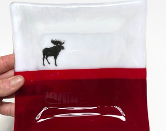 Moose fused glass plate red and white serving dish moose kitchen decor spoon rest gifts for her housewarming presents