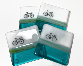 Handcrafted road bike coasters, green fused glass drink rest, table decor, bike home decor, coasters for him, bike enthusiast, set of 4