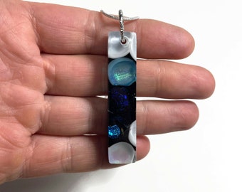 Fused glass iridescent pendant, black, blue and white, glass necklace, dichroic glass jewelry, necklace included