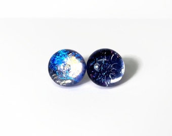 Transparent purple stud earrings, fused dichroic glass jewelry, minimalist round earrings, hypoallergenic, unique gifts for her