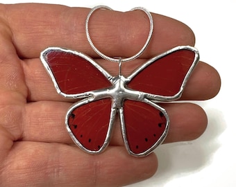 Red butterfly wing necklace, real butterfly jewelry, recycled glass pendant, gifts for her, artisan crafted jewelry, chain included