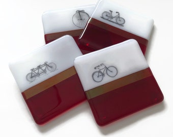 Whimsical bike coasters, fused glass drink rest, bike enthusiast art, housewarming gifts, bike home decor, set of 4