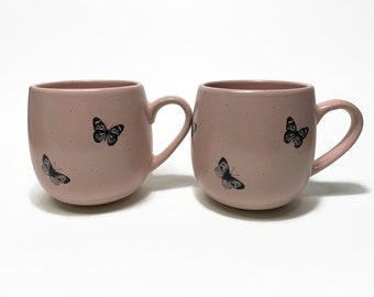 Butterfly pink coffee cup tea mug butterfly home decor nature mug butterfly art set of 2 unique presents