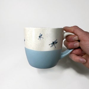 Handcrafted Blue and White Dragonfly Mug, Retro Coffee Cup Home Decor, Artisan made Gifts for Her